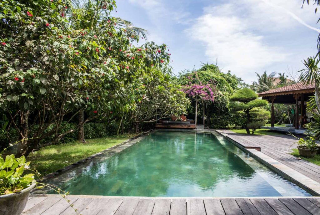 Big swimming pool in the garden with an ironwood deck