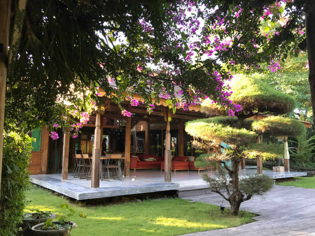 View of open Living room of the villa from Gazebo next to the swimmong pool